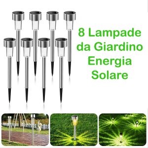 8 Lampade da Giardino ricarica solare Paletti LED Luce Bianca